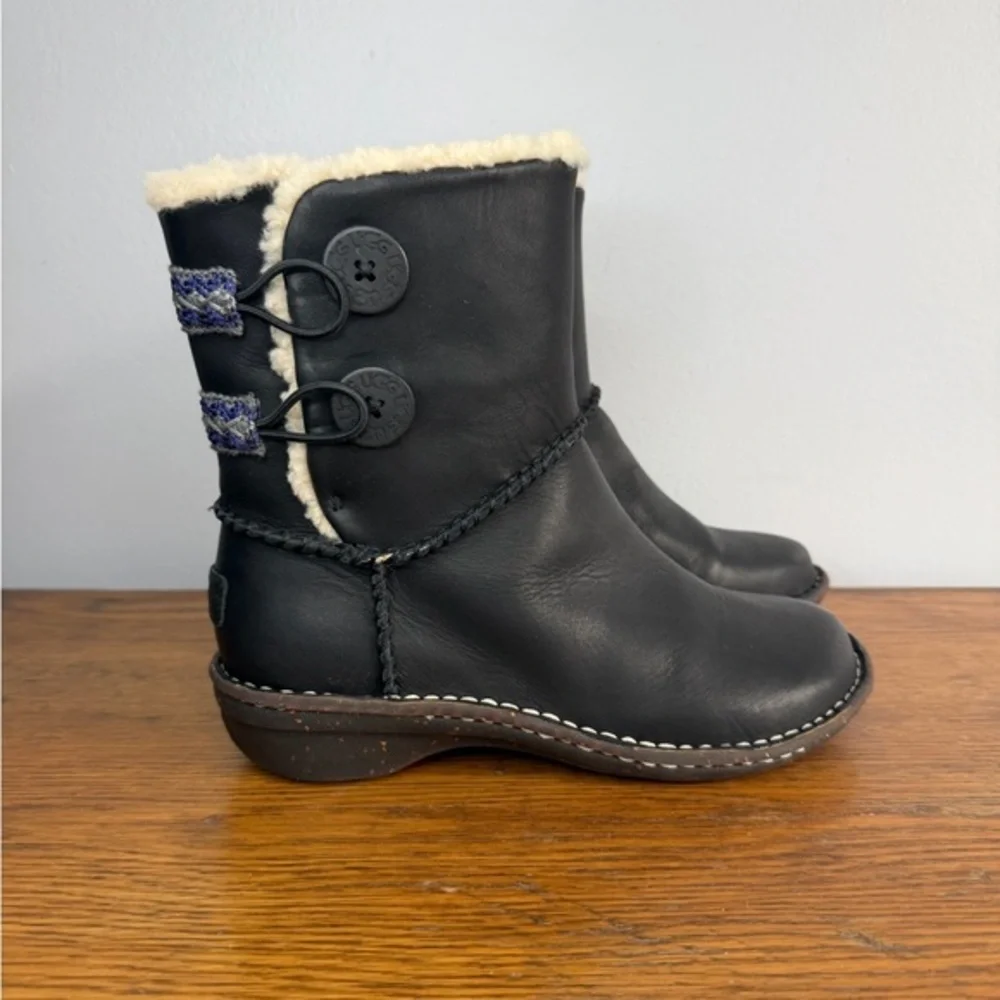 UGG Boots Size 6 • Lillie Snow Boots Black Leather Round Toe Comfort Ankle Top.